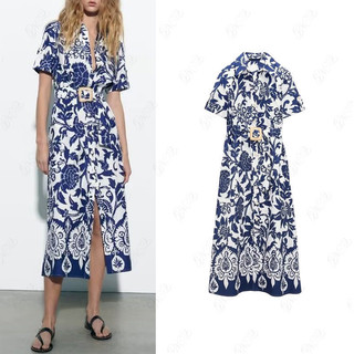  Mùa hè Phong Cách Mới Ngắn Tay Ve Áo Retro Thắt Lưng Nẹp In Hình Quạt Váy Sáo 3401243