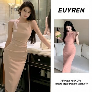 Váy 2 dây trễ vai Đầm hai dây body dáng dài Váy Hồng Nữ Mùa Hè Pháp Đẹp Một Vai Ôm Ôm Tay Hẹp Gợi Cảm Túi Đeo Hi