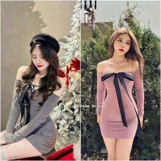 BARE_Đầm len trễ vai tay dài phối nơ ruy băng cá tính vải len mềm ôm dáng tôn đường cong - D031 GUUU