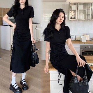 Đầm Đen Cổ POLO Hepburn Phong Cách Pháp Ôm Phù Hợp Với Váy Dài Nữ Mùa Hè Eo Eo Ôm Hơn Nhìn Thường Ngày Nhỏ Đen Đầm
