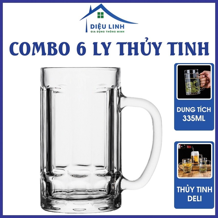 Ly thủy tinh có quai cầm, combo 6 ly thủy tinh Deli 335ml chuyên làm ly uống bia ttntshop