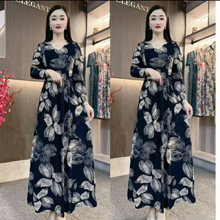 Đầm phong cách Hàn Quốc hoa nữ cổ chữ V dài tay in họa tiết