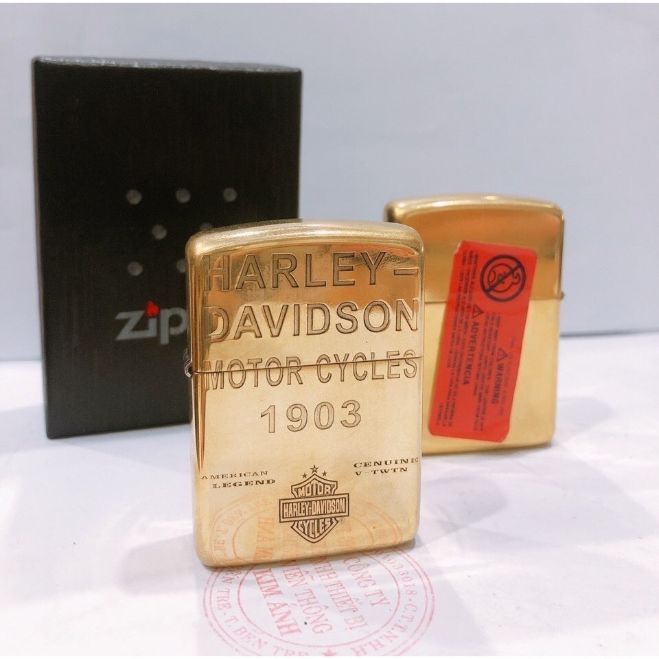 Vỏ Zippo Armor vỏ dầy, khắc chìm HARLEY- LOGO MOTOR 3 SAO, Hàng cao cấp loại 1 vỏ bằng đồng có tem đỏ