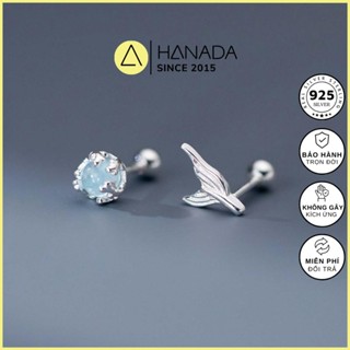   BH TRỌN ĐỜI  Khuyên Bạc 925 Hanada Đuôi Cá Đá Xanh Chuôi Bi Bông Tai Mang hằng ngày 2282 B12 