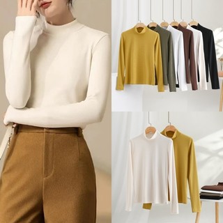 Áo thun nữ ren cotton trơn nửa cổ cao dài tay áo mùa xuân thu mới đáy áo sơ mi mỏng giản dị áo sơ mi