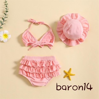 Bộ trang phục đồ bơi mùa hè cho bé gái Áo treo cổ + Quần short xếp lớp + Mũ