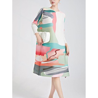 Miyake Xếp Ly Đầm Thời Trang Phong Cách Mới Rời Size Lớn Quần Áo Nữ Cổ Tròn Trung Dài Phong Cách Giảm Tuổi Mẹ Thanh Lịch