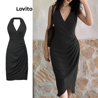 Đầm Lovito xẻ trước xếp nếp màu trơn thanh lịch cho nữ L80ED306
