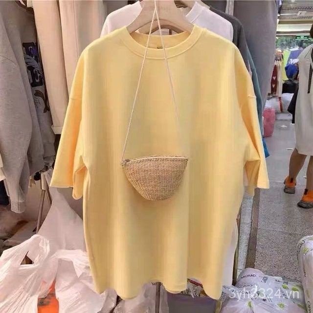 Live Home 100% Cotton Lemon Yellow Áo thun ngắn tay nữ dài vừa phải dáng rộng mùa hè 2023 Phong cách