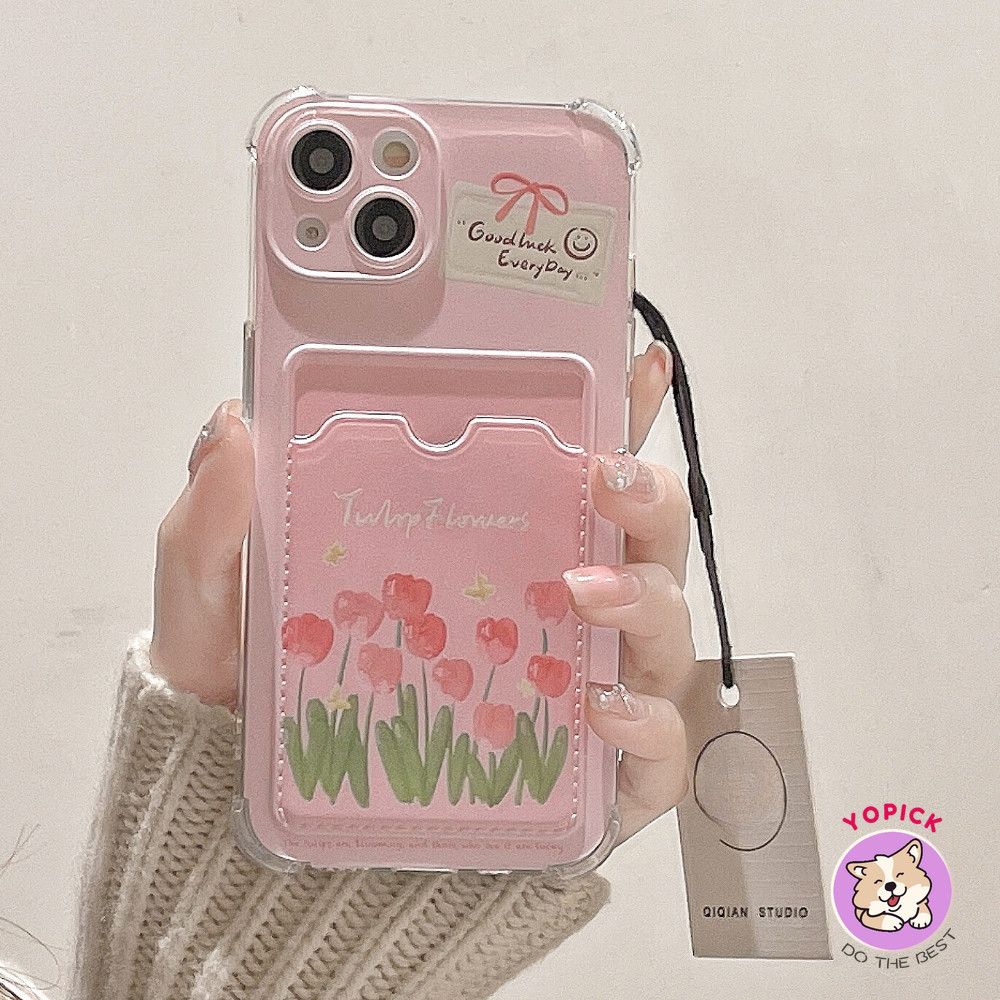 Hoa Tulip Hồng Cho IPhone 15 Ốp Điện Thoại 4 13 12 11 Pro Max X XS XR XS Max 7 8 Plus SE2020 12 Mini 13 Mini Vỏ Điện Thoại Thẻ Vỏ Điện Thoại Đựng Thẻ Chèn Vỏ Mềm Cô Gái KB