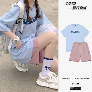 Bộ đồ thể thao Nữ Mùa hè Phiên bản Hàn Quốc Cô gái mềm mại dễ thương Phong cách Preppy Giảm tuổi Quần Short ngắn tay Bộ đồ chạy bộ thông thường Hai mảnh