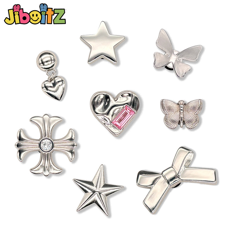 Charm Crocs Jibbitz Kim Loại Màu Bạc Phụ Kiện Giày Dành Cho Các Cô Gái Nơ Tình Yêu Mặt Dây Chuyền Hì