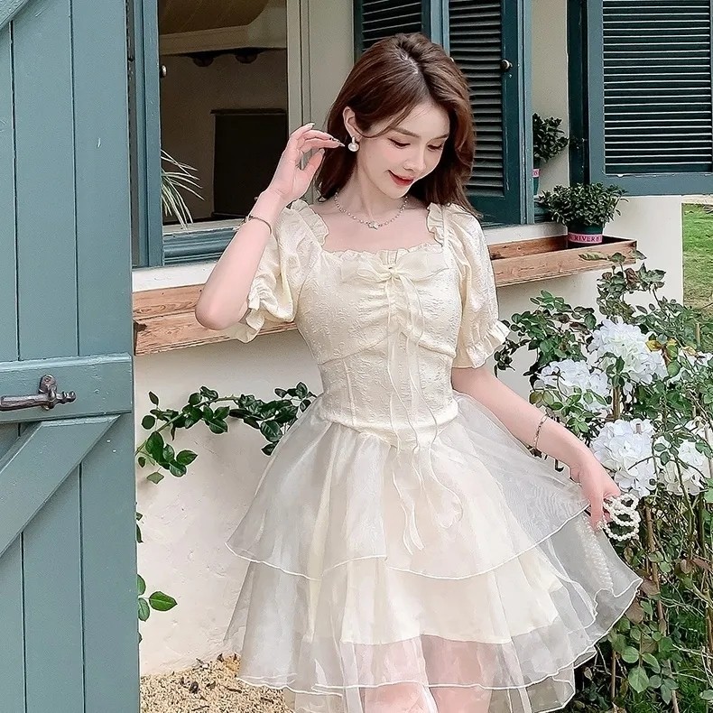 Dòng Mori Girl * * * Đầm Mori Dài Đến Bãi Biển Nhẹ Nhàng Đính Nơ Màu Trắng Cá Tính