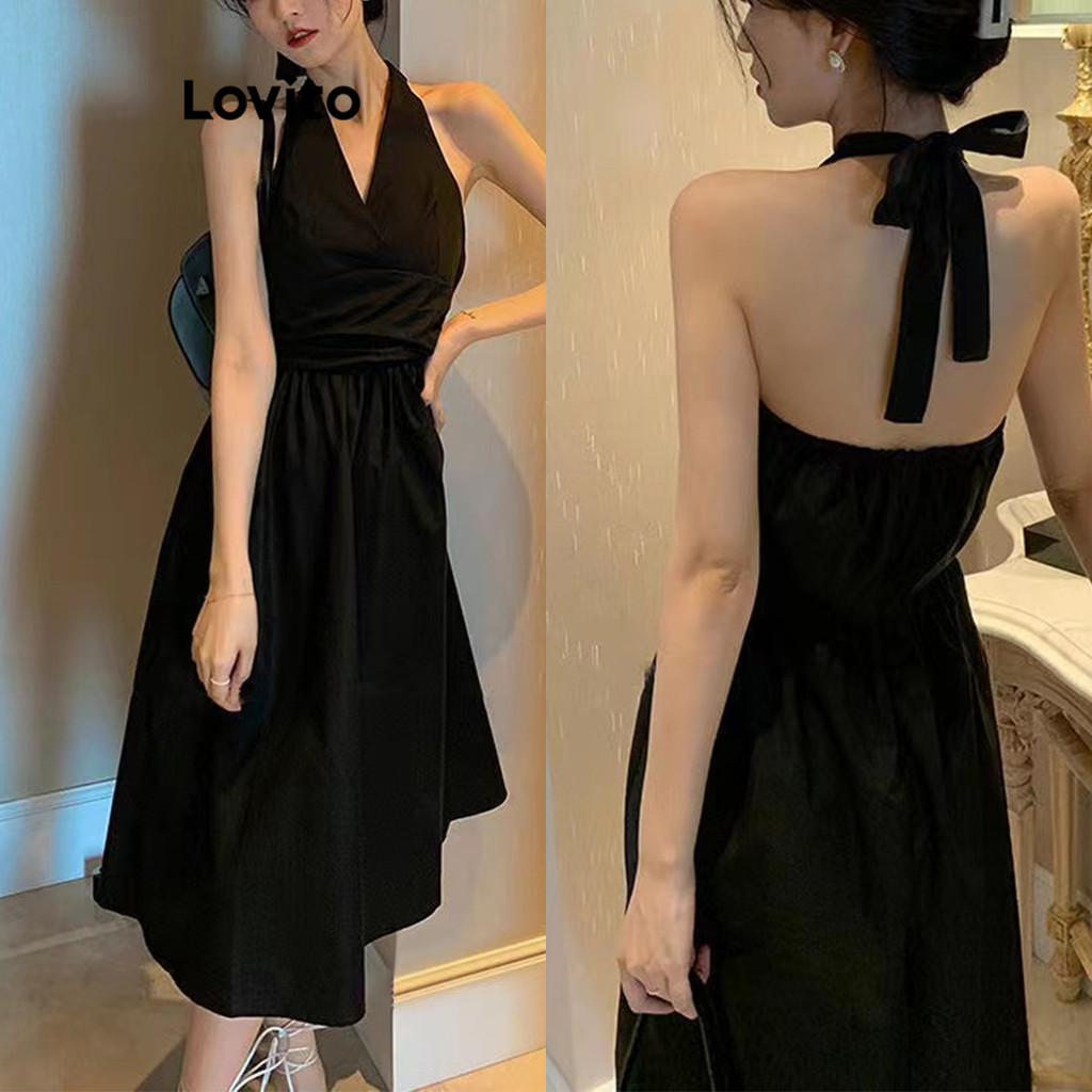 Lovito Đầm thường ngày thắt nơ lưng cho nữ LNE44478