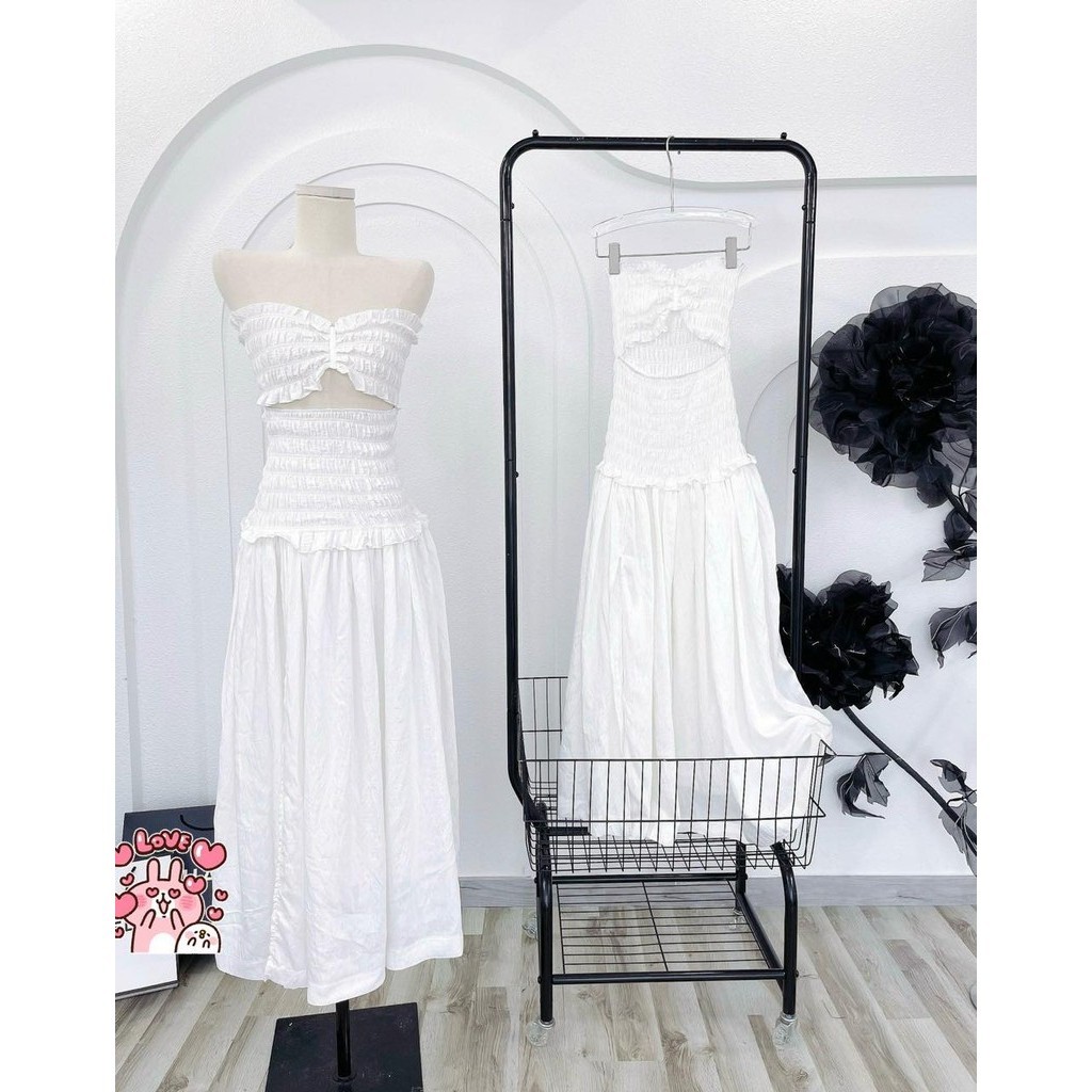 ĐẦM MAXI ỐNG TRẮNG BO CHUN CUTOUT EO