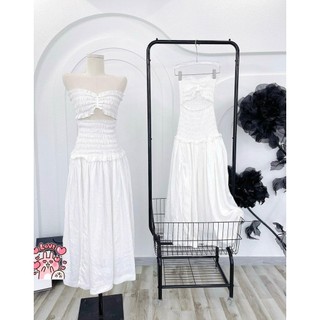 Đầm maxi ống trắng bo chun cutout eo