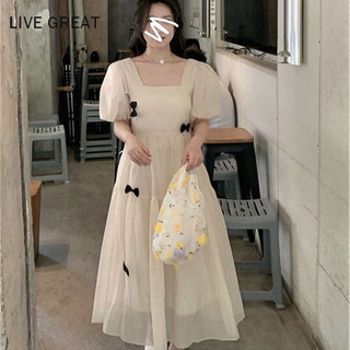 Live GREA Đầm Nữ Mùa Hè Pháp Đầm Retro Phong Cách Nhẹ Nhàng Cổ Vuông Tay Phồng Váy Mơ