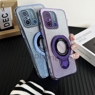 Ốp lưng giá đỡ sang trọng Xiaomi POCO C55 Redmi 12C 11A Vỏ điện thoại di động mạ điện Bao gồm tất cả cạnh Vỏ mềm chống rơi với giá đỡ từ tính bằng kim loại tròn