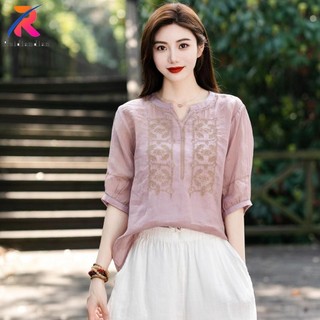 Ruidiandian M-4XL Nữ Retro Cotton Vải Lanh Thêu Áo 1 / 2 Tay Cổ Chữ V Áo Plus Kích Thước
