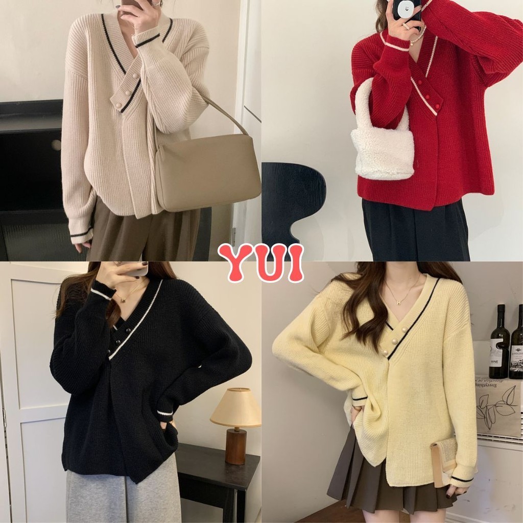 Áo len dệt kim dài tay YUI cổ chữ V phong cách Hàn Quốc J23