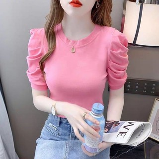 Áo thun nữ tay phồng mùa hè tay ngắn mùa hè Thiết kế mới Cảm giác độc đáo sang trọng Tính khí cổ tròn tay ngắn hàng đầu Z90V