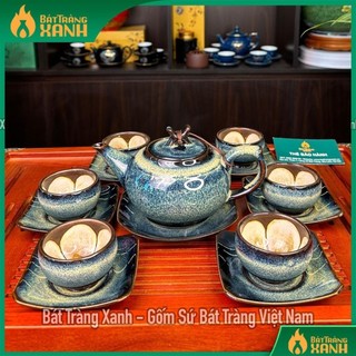 Bộ ấm chén thượng tân kiều thiên thanh - bộ ấm trà bát tràng men hoả biến cao cấp