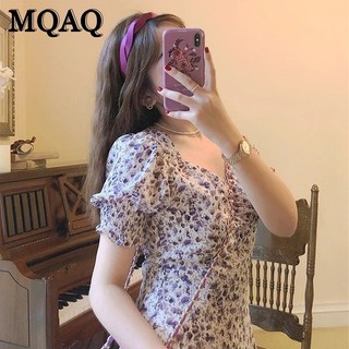 Mqaq 2023 Mùa Hè Mới Retro Pháp Cổ Vuông Bong Bóng Tay Chia Đầm Tranh Sơn Dầu Tím Vỡ Hoa Dài Đầm Cổ Tích