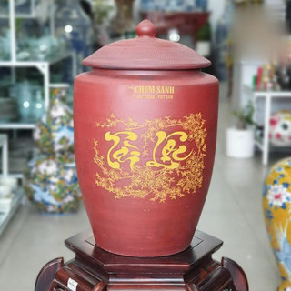 Hũ sành đựng gạo, Chum vại sành chứa thực phẩm khô màu nâu đỏ không tráng men chữ Tài Lộc Bát Tràng
