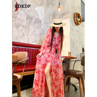 Kdkdp Xuân Thu 2023 Váy In Mới Cổ Chữ V Eo Hoa Thiết Kế Cảm Giác Thiểu Số Người Nổi Tiếng Khí Chất Váy Dài Người Phụ Nữ