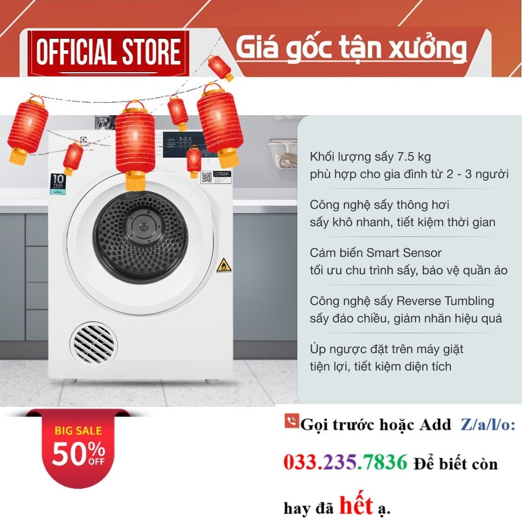 MÁY SẤY ELEC EDV754H3WB (7.5KG) <new
