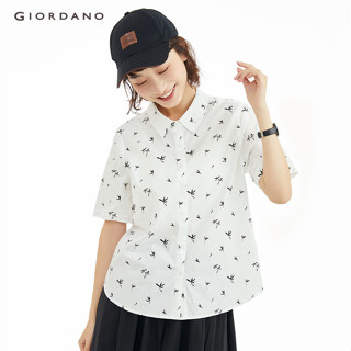 Áo sơ mi cotton GIORDANO 18343605 dáng rộng họa in họa tiết phong lan cho nữ