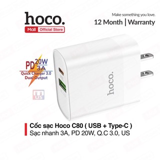 Củ sạc pd 20w hoco c80 2 cổng sạc nhanh tối đa 3a, q.c 3.0, tương thích nhiều thiết bị, tiện lợi