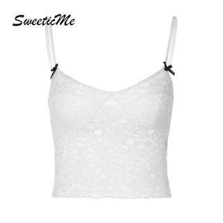 Sweeticme nữ 2024 mới thời trang màu trơn slim fit ren tank áo camisole