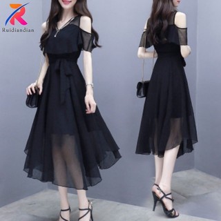 Ruidiandian Phong Cách Hàn Quốc Nữ Midi Đầm Voan Mùa Hè Tay Ngắn Nữ