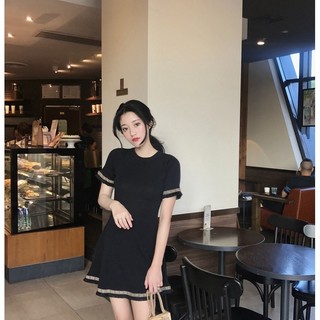 Phong Cách Hàn Quốc Cổ Tròn Slim-fit Ôm Hơn Nhìn Ngắn Tay Viền Đầm Tất Cả Trận Đấu Áo Chui Đầu Váy Chữ A Hẹp I Ou Zhuang