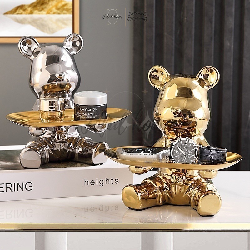 Tượng Gấu sứ bê khay ống heo đa năng Joful home bằng sứ cao 19cm vàng bạc decor nhà đựng chìa khóa l
