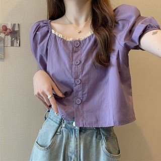 Mùa Hè 2023 Phong Cách Mới Tím Sang Trọng Slim-fit Ôm Hơn Nhìn Ngắn Top Pháp Cổ Vuông Áo Sơ Mi Tay Phồng Áo Sơ Mi Nhỏ 3.23