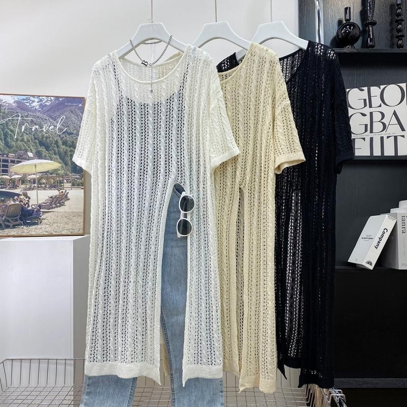 2024 Retro Pháp Rỗng Lười Phong Cách Khe Lớn Đầm Nữ Mùa Hè Ngoài Điều Hòa Không Khí Áo Giữa Chiều Dà