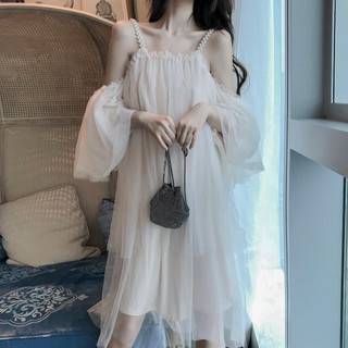 Ngọc Trai Gạc Sling Đầm Sang Trọng Một Vai Cổ Tích Mùa Hè Phong Cách Mới Ngọt Ngào Đầm Công Chúa Nữ
