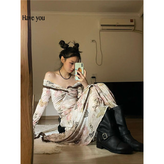 Đầm cổ phẳng viền ren tay loe in họa tiết bướm kiểu retro pháp xinh xắn