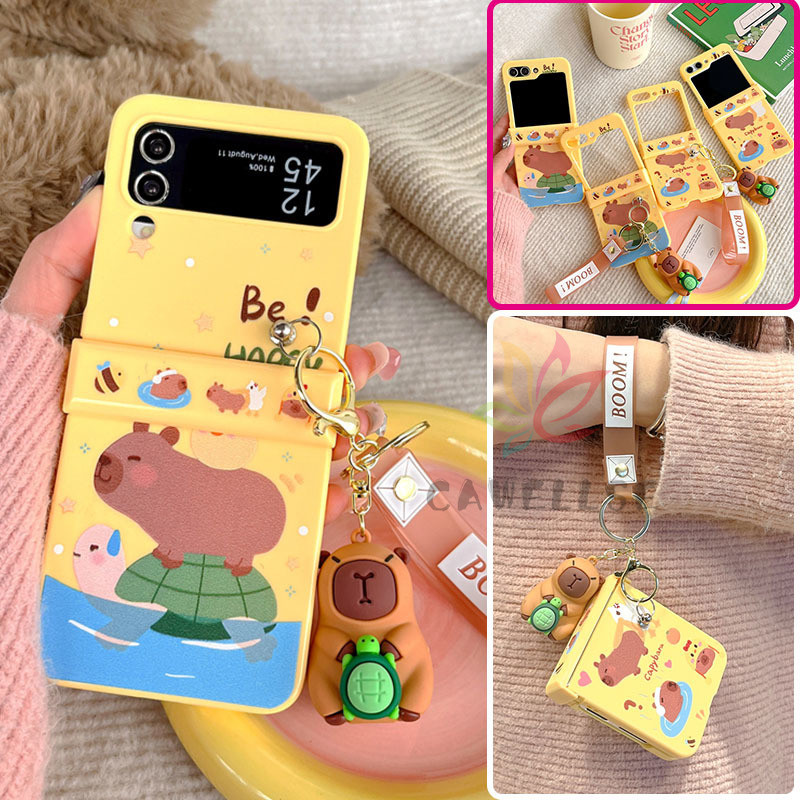 Vỏ điện thoại mỏng hoạt hình Capybara màu kẹo mỏng Vỏ điện thoại Samsung Galaxy Z Flip 5 Z Flip 4 Z Flip 3 Vòng tay cao su Móc khóa Bảo vệ chống sốc Ốp lưng PC cứng
