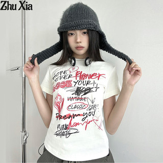 Áo thun nữ Zhu Xia Slim fit áo thun ngắn tay in họa tiết Graffiti phong cách y2k