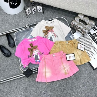 8-24kg_ sét chân váy kaki , áo thun cotton cô gái đính nơ cho bé gái đi học đi chơi bé gái