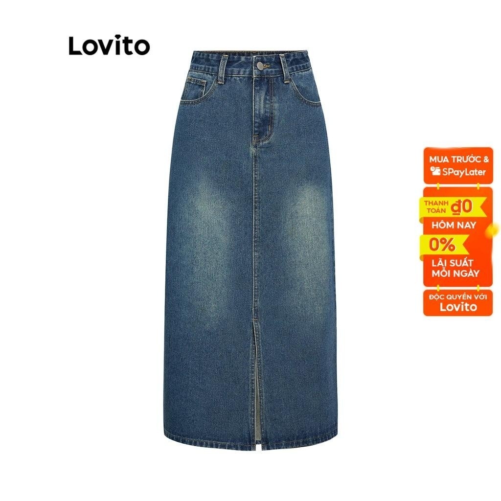 Chân váy midi Lovito vải denim màu trơn họa tiết sọc xẻ tà phong cách thường ngày dành cho nữ L39AD079 