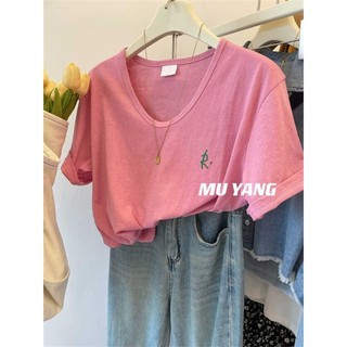 Đề xuất!Đơn Giản Chỉ Cần Phong Cách Thêu Xanh Chữ R Cotton Vải Lanh Ngắn Tay Áo Thun Nữ Rời Tất Cả-
