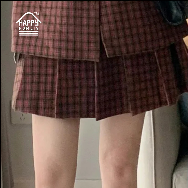 HAPPY HOMLIV Bộ Áo Khoác Vest + Chân Váy Xếp Ly Lưng Cao Phong Cách Preppy Cổ Điển Thời Trang Cho Nữ