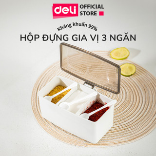 Hũ Đựng Gia Vị 3 Ngăn Nhựa Kháng Khuẩn DELI Kèm Muỗng Thìa - Lọ Đựng Gia Vị Đa Năng Có Nắp Tiện Dụng