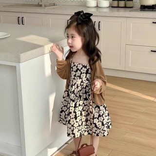 [Quần áo trẻ em hợp thời trang] Đầm hoa đeo chéo phong cách Pháp phong cách mới Quần áo mùa xuân mùa hè cho bé gái Áo len Cardigan chống nắng Bộ đồ hai mảnh