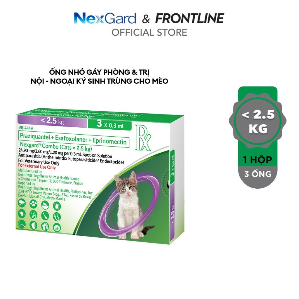 NexGard COMBO - Ống nhỏ gáy phòng & trị nội, ngoại kí sinh dành cho mèo size S (<2.5kg) - 1 hộp 3 ống