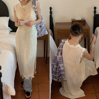 Hành quân | Retro Niche Lưới Rỗng Váy Dệt Kim Không Tay Chia Áo